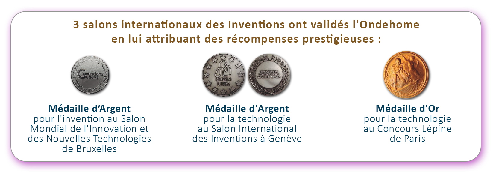 Médailles reçu par l'Ondehome aux Salons Internationaux des Inventions